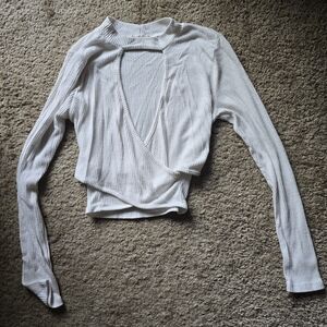 White Ribbed Cutout Long Sleeve Blouse